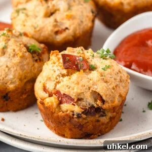 Pizza muffins on stacked plates with a side of pizza sauce in a little white dish.