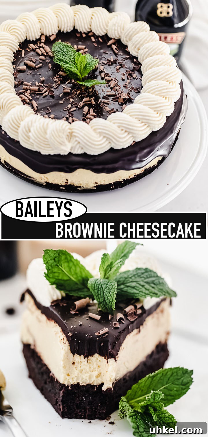 Baileys Brownie Cheesecake Recipe: Decadent Chocolate Whiskey Cheesecake 11 long pin image for Pinterest