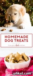 Homemade Peanut Butter Dog Treat Recipe: Simple & Nutritious 6 Homemade peanut butter dog treats are made with peanut butter, pumpkin puree, whole wheat flour and eggs. This is a great gift for your puppy at Christmas time or for their birthday. The recipe is easy and makes plenty of biscuits! | www.ifyougiveablondeakitchen.com