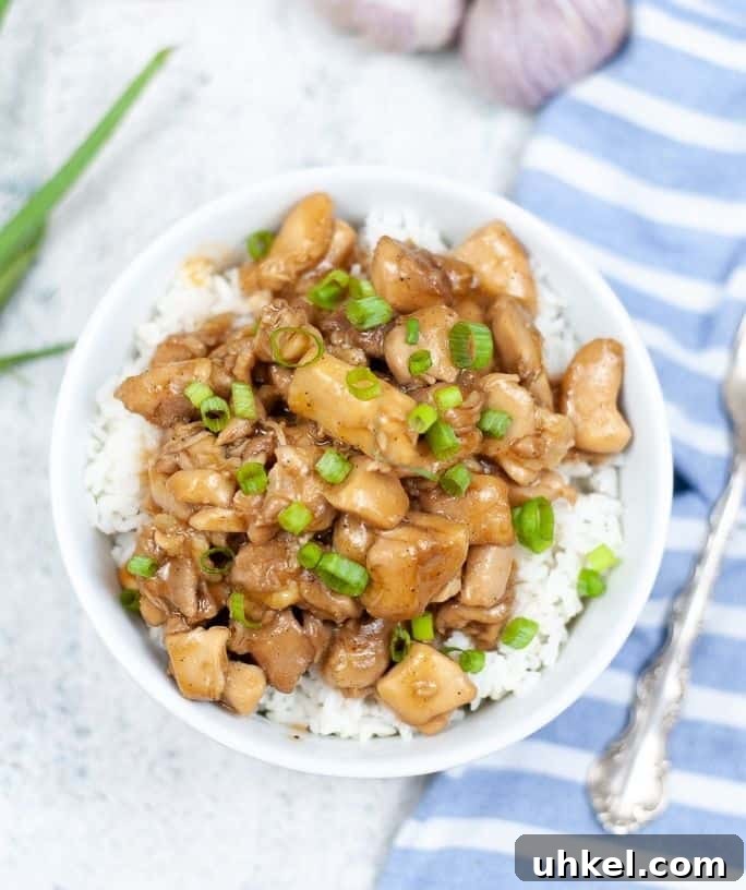 overhead view of Instant Pot bourbon chicken served over a bed of white rice