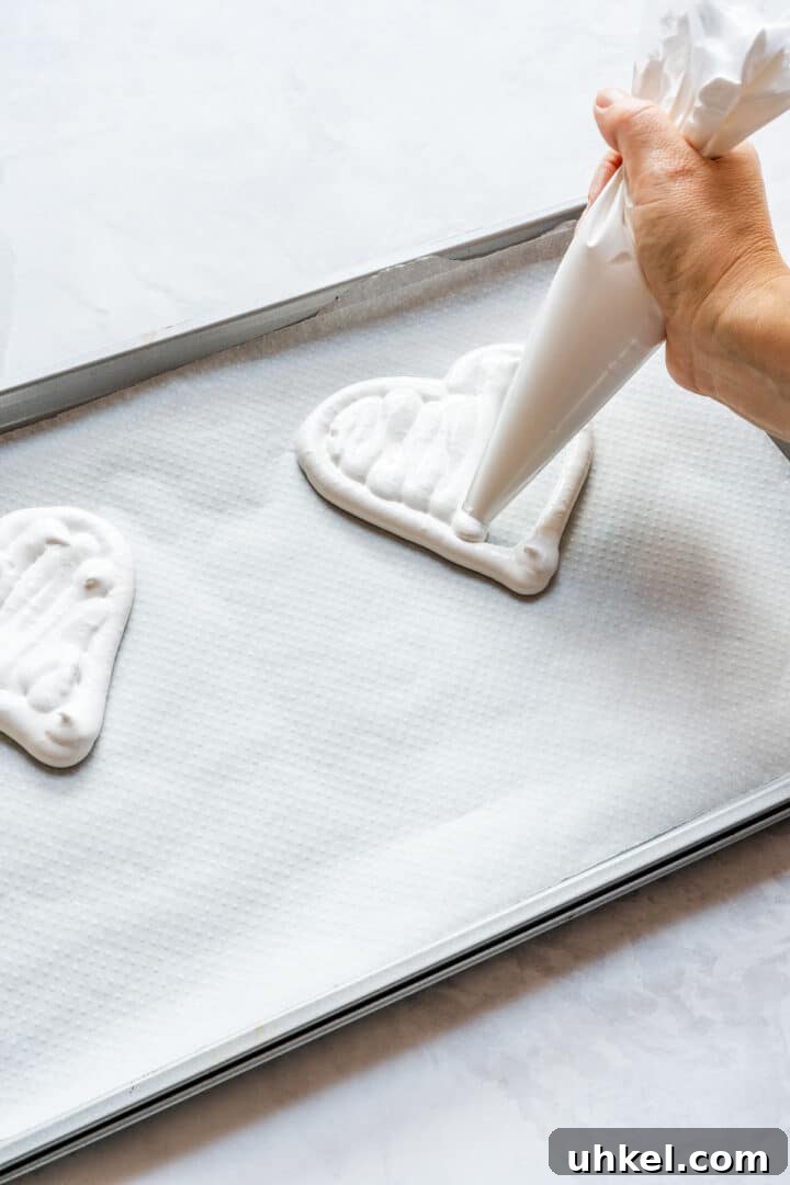 Heart-Shaped Mini Pavlovas: Valentine Dessert Recipe Ideas 8 Piping meringue to fill a heart outline on parchment paper.