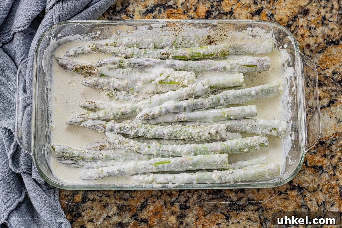 Crispy Baked Parmesan Asparagus Recipe 3 asparagus spears in a cream sauce in a baking dish