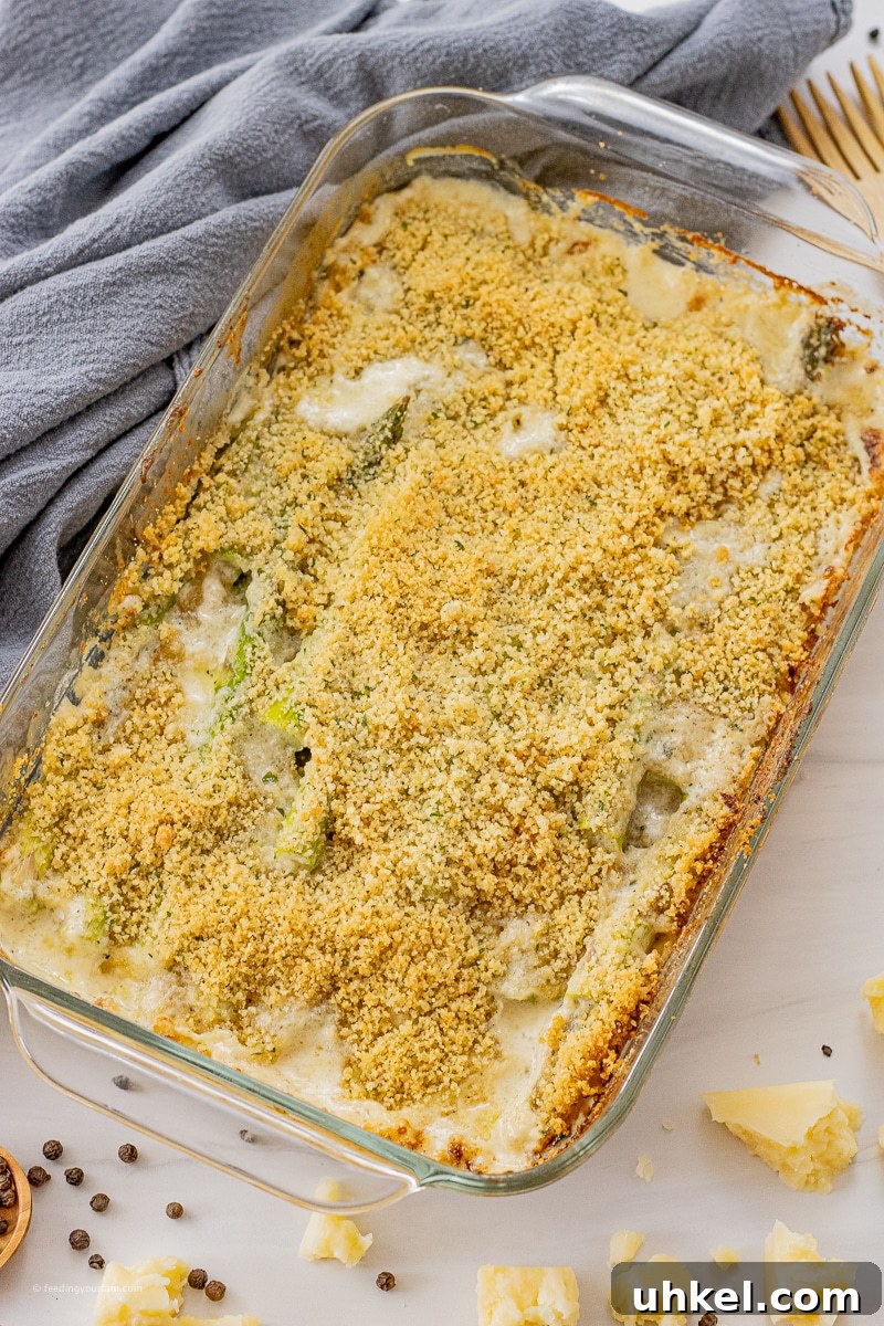 Crispy Baked Parmesan Asparagus Recipe 4 asparagus in a cream sauce topped with a breadcrumb topping