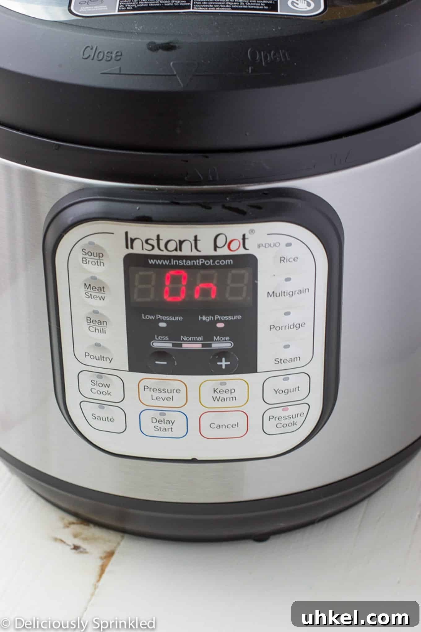 Creamy Instant Pot Mashed Potatoes Recipe 4 The instant pot with the time set and On.