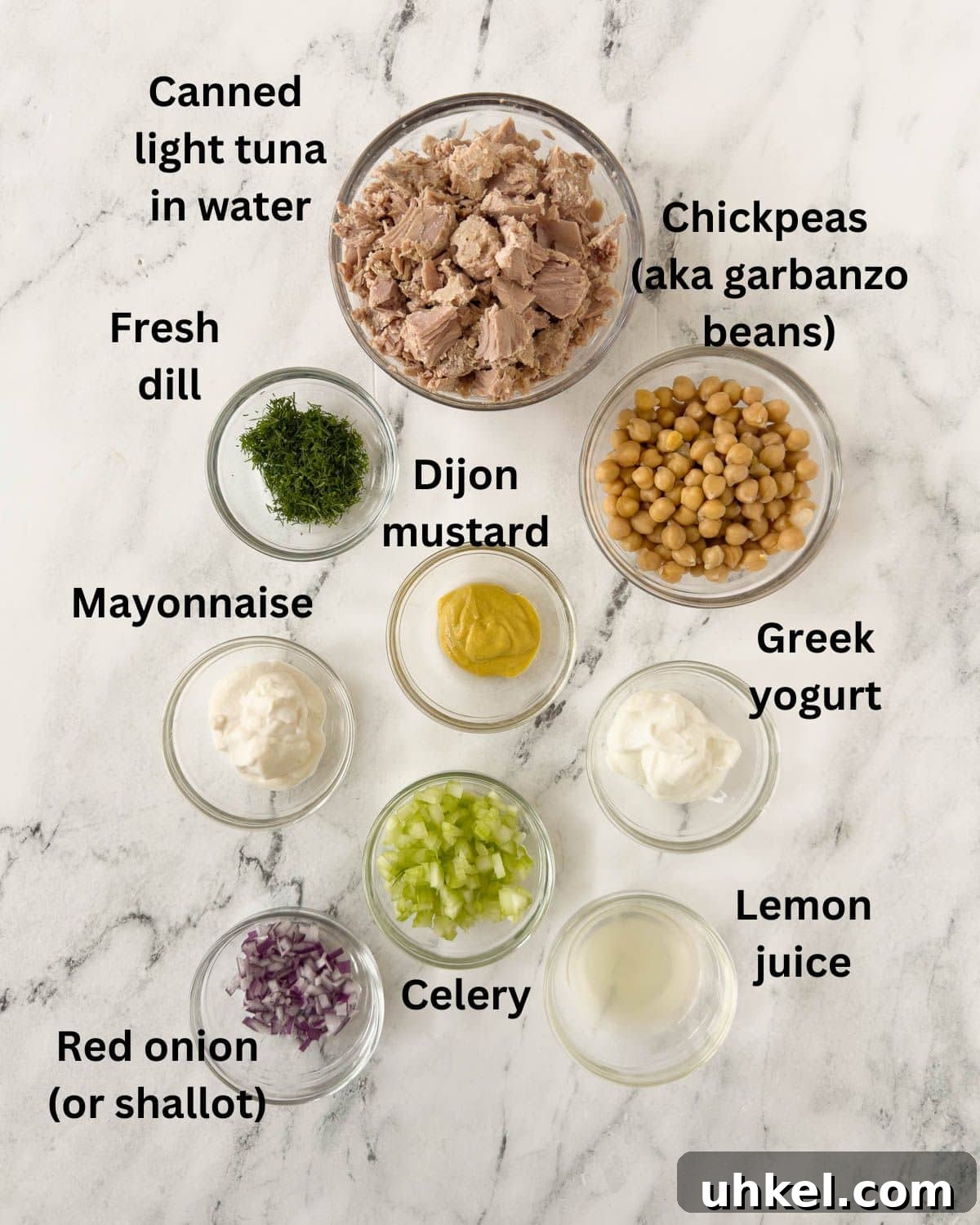Tuna and Chickpea Salad with Lemon-Dill Dressing 3 Ingredients for chickpea tuna salad in prep bowls.