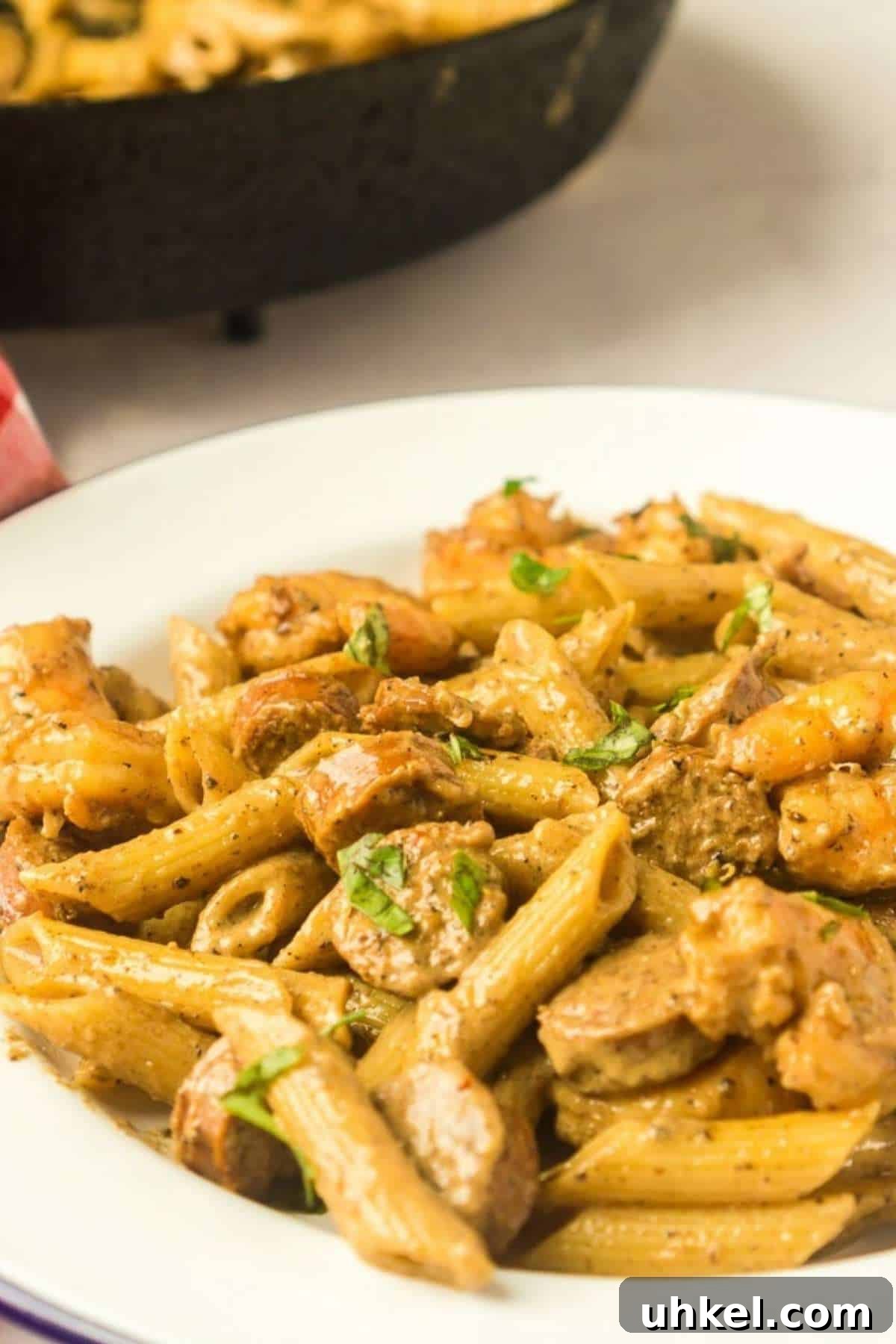 30-Minute Cast Iron Cajun Pasta Recipe 6 plate of penne pasta with sausage and shrimp