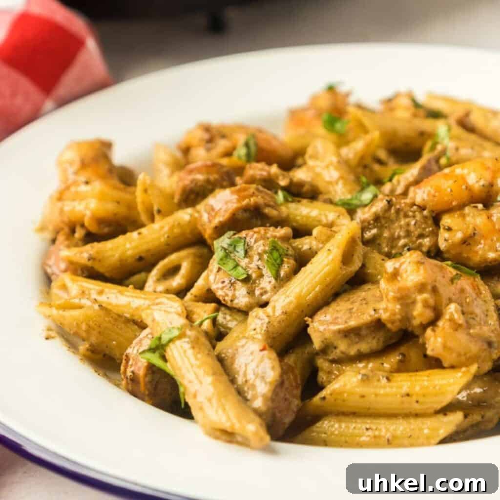 30-Minute Cast Iron Cajun Pasta Recipe 8 white plate of cajun pasta.