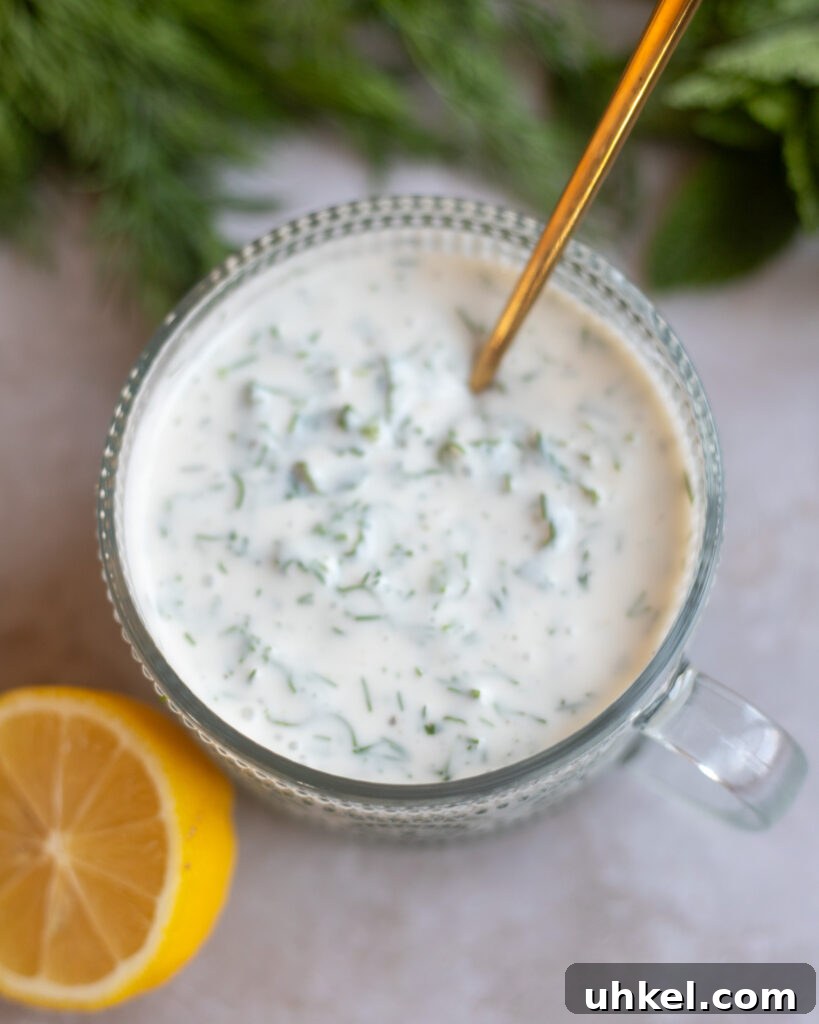 Vegan Creamy Yogurt and Herb Dressing Recipe 5 closeup of a top view of a bowl of vegan herby yogurt dressing made with lemon juice, herbs, yogurt and spices is on a gray surface with a half of a fresh lemon and some dill and mint in the background.