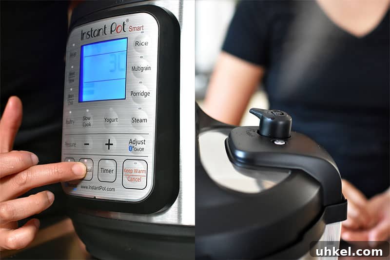 Instant Pot Spaghetti Squash — Quick Foolproof Pressure Cooker Recipe 12 In the left image, a finger is pressing the "Manual" button on an Instant Pot. In the image on the right, the pressure valve on the Instant Pot is switched to quick release.