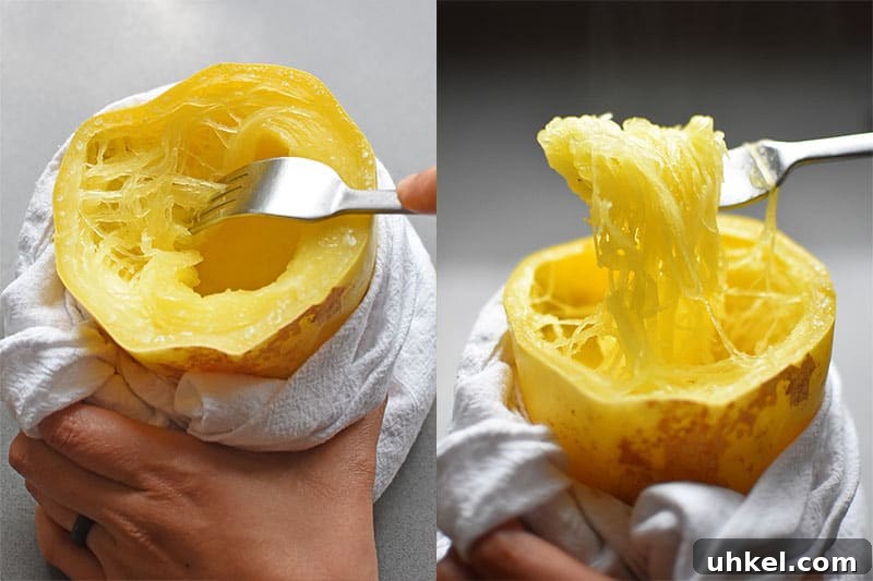 Instant Pot Spaghetti Squash — Quick Foolproof Pressure Cooker Recipe 14 In the left image, a hand is holding the cooked Instant Pot spaghetti squash with a white dish towel. In the image on the right, a fork is being used to pull up the cooked squash like spaghetti.