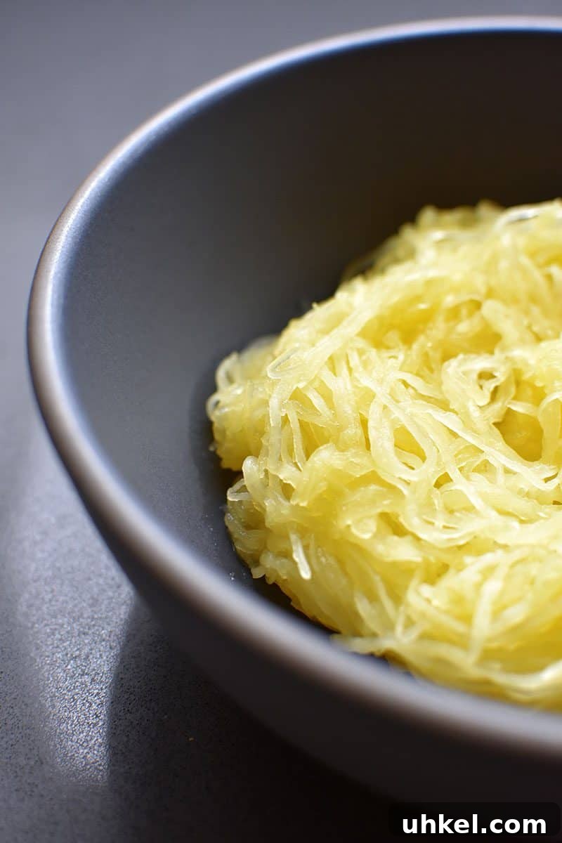 Instant Pot Spaghetti Squash — Quick Foolproof Pressure Cooker Recipe 3 A close up of a blue-gray bowl filled with cooked spaghetti squash.