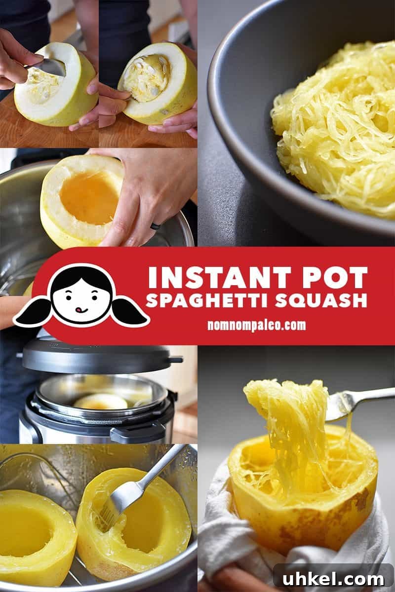 Instant Pot Spaghetti Squash — Quick Foolproof Pressure Cooker Recipe 4 A collage of the cooking steps to make Instant Pot Spaghetti Squash, squash in the pressure cooker.