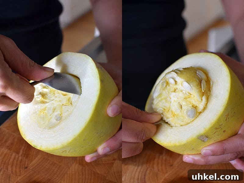 Instant Pot Spaghetti Squash — Quick Foolproof Pressure Cooker Recipe 8 Two shots side by side of someone using a large spoon to scoop out the seeds in a spaghetti squash cut in half horizontally.