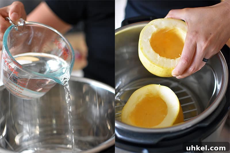 Instant Pot Spaghetti Squash — Quick Foolproof Pressure Cooker Recipe 10 On the left photo, someone is pouring water into the metal insert of an Instant Pot. In the picture on the right, a hand is shown lowering two halves of a spaghetti squash onto a steaming rack in an Instant pot.