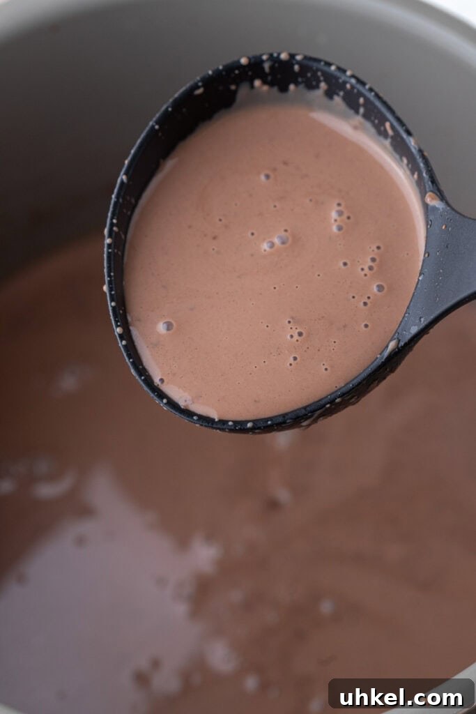 Ladle of creamy hot chocolate lifted from a Crock Pot.