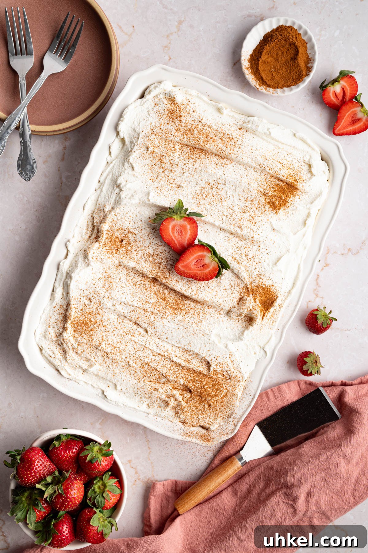 Finished tres leches cake decorated with a dusting of cinnamon and cut strawberries on a white countertop.