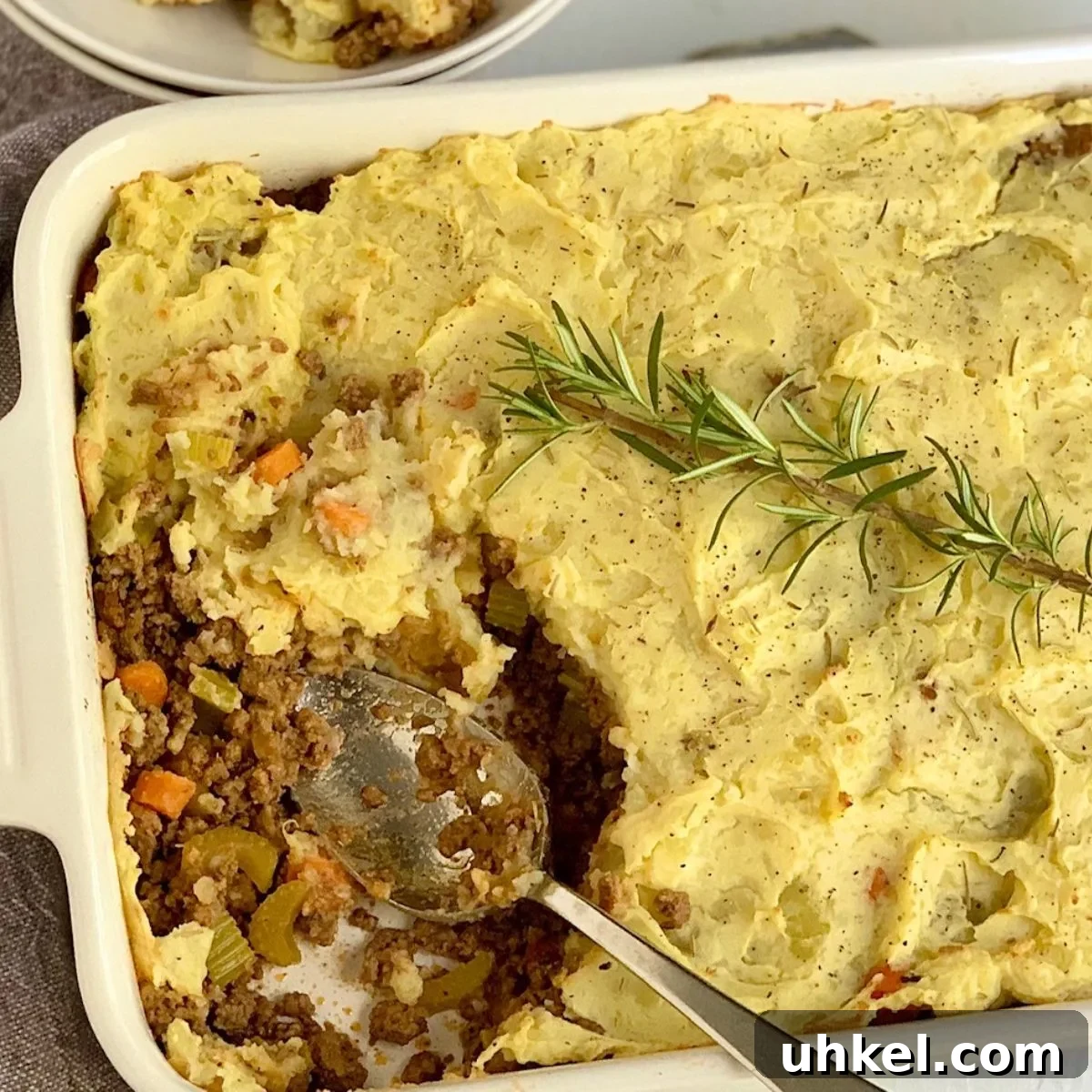 Dairy-Free Gluten-Free Shepherd's Pie Recipe for Comforting Dinner 5 A baking dish with gluten free dairy free shepherd pie.