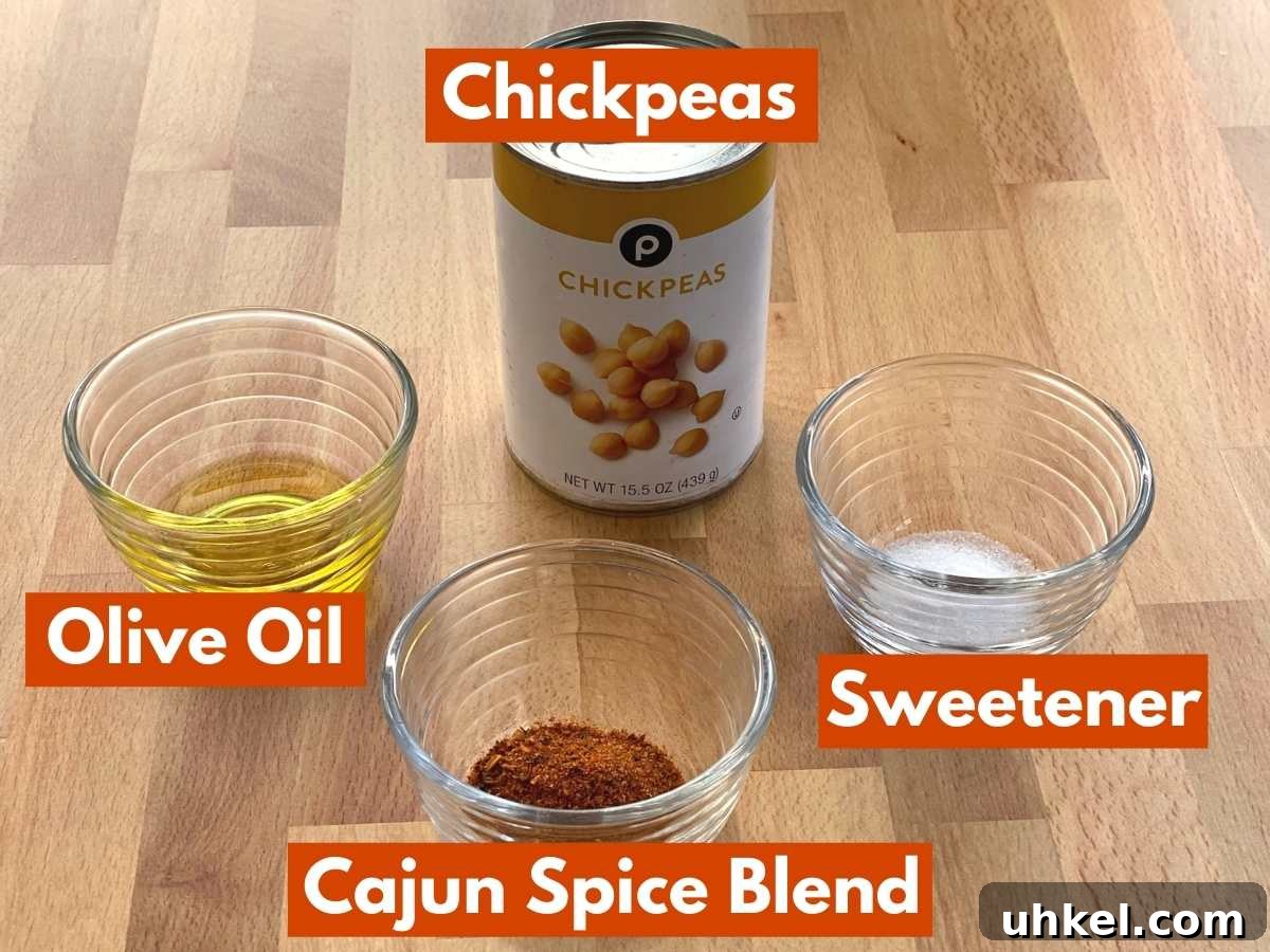 Crispy Spicy Roasted Chickpeas Recipe for Homemade Snacks 3 Labeled ingredients needed to make recipe.