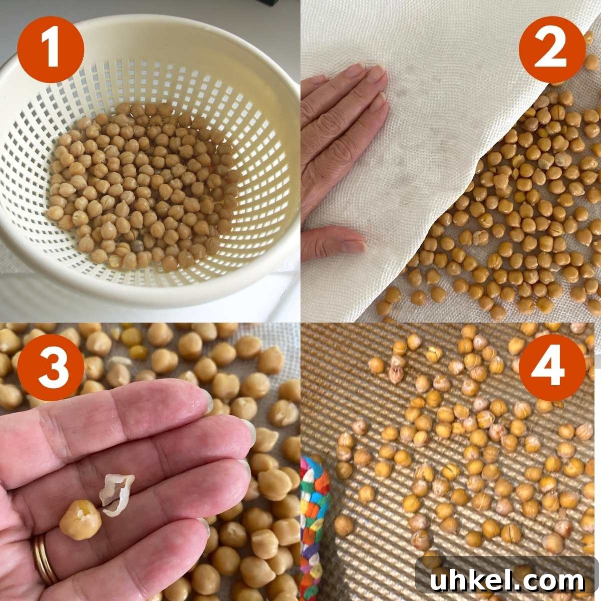 Crispy Spicy Roasted Chickpeas Recipe for Homemade Snacks 4 Numbered steps to dry out chickpeas and prepare for glaze.