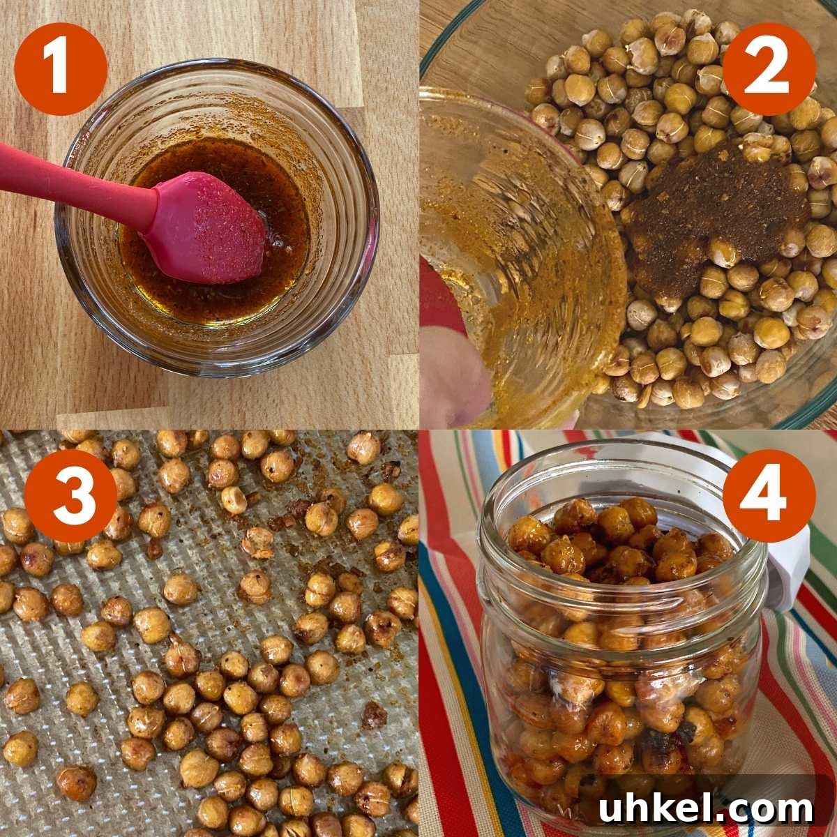 Crispy Spicy Roasted Chickpeas Recipe for Homemade Snacks 5 Numbered steps to glaze chickpeas.