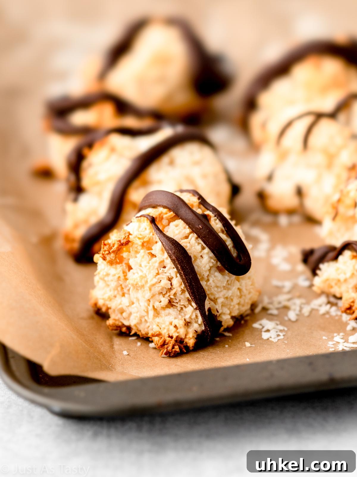 Chewy Chocolate Coconut Macaroons Made with Condensed Milk 3 Close-up of a chocolate coconut macaroon.