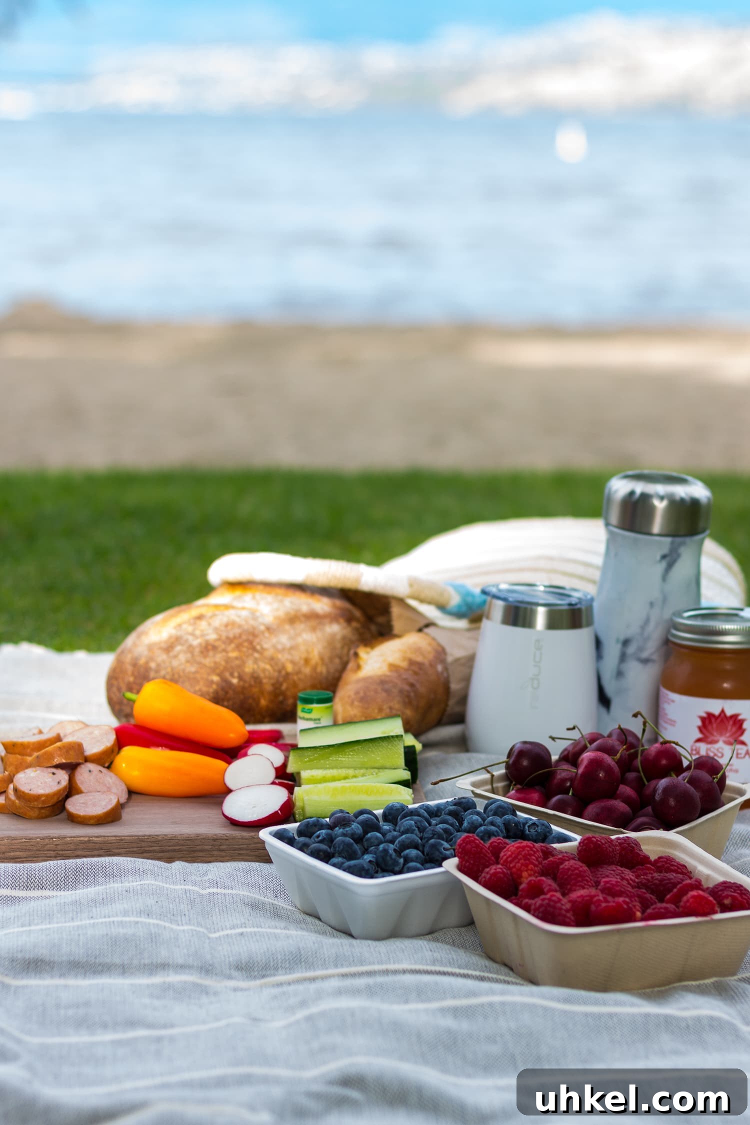 Picnic set up on a blanket with beach in the background