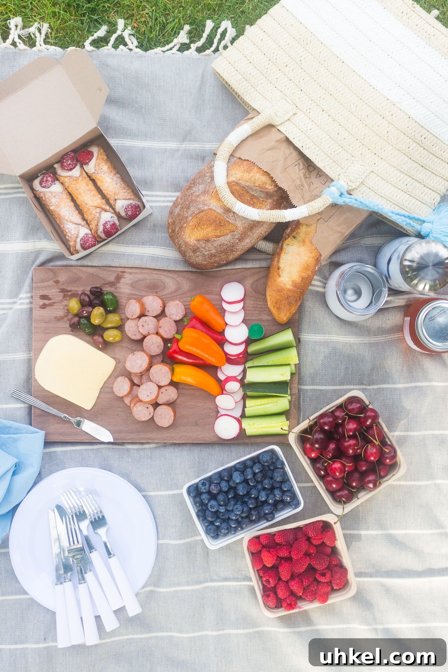Overhead shot of a picnic set up on a blanket