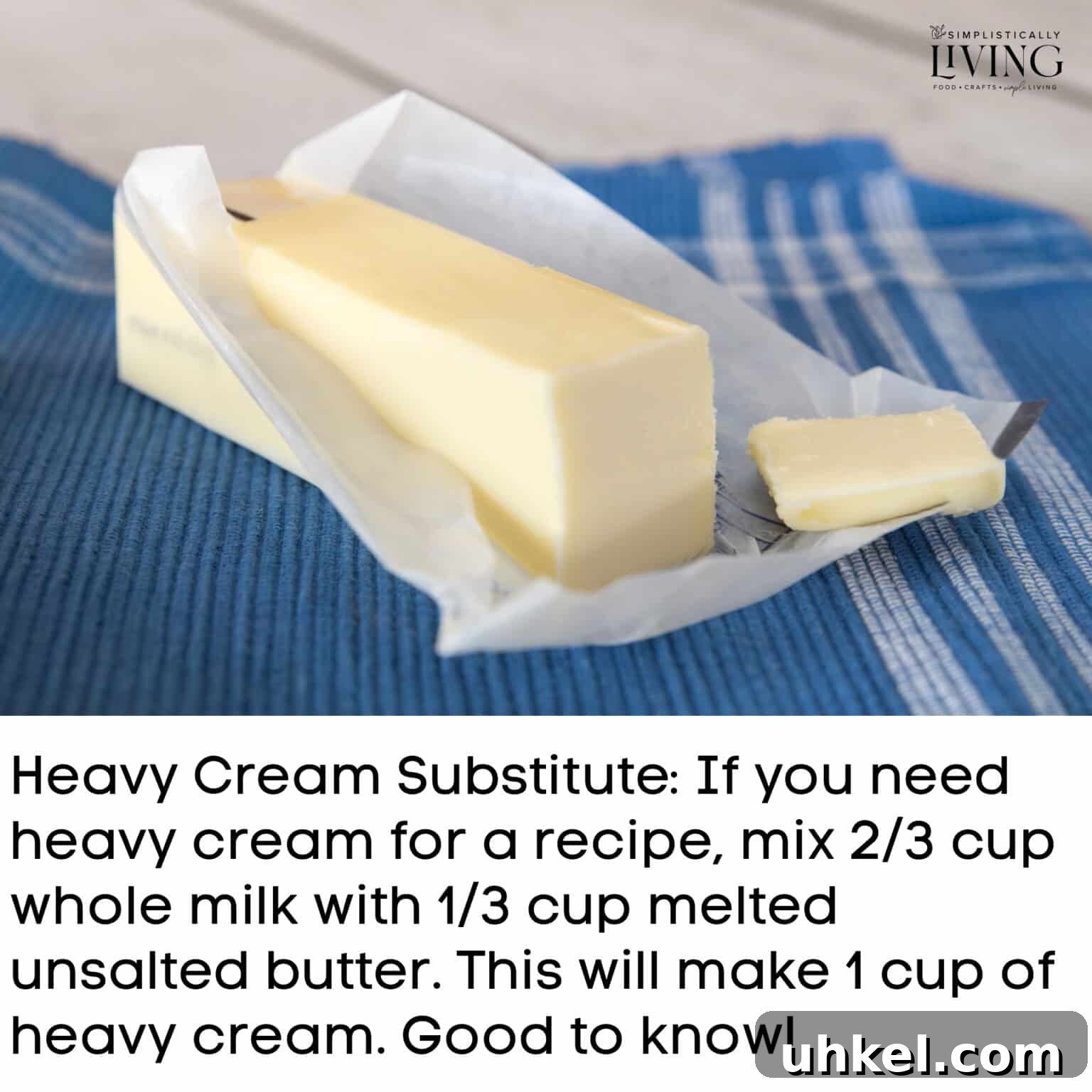 a stick of butter on a blue kitchen towel