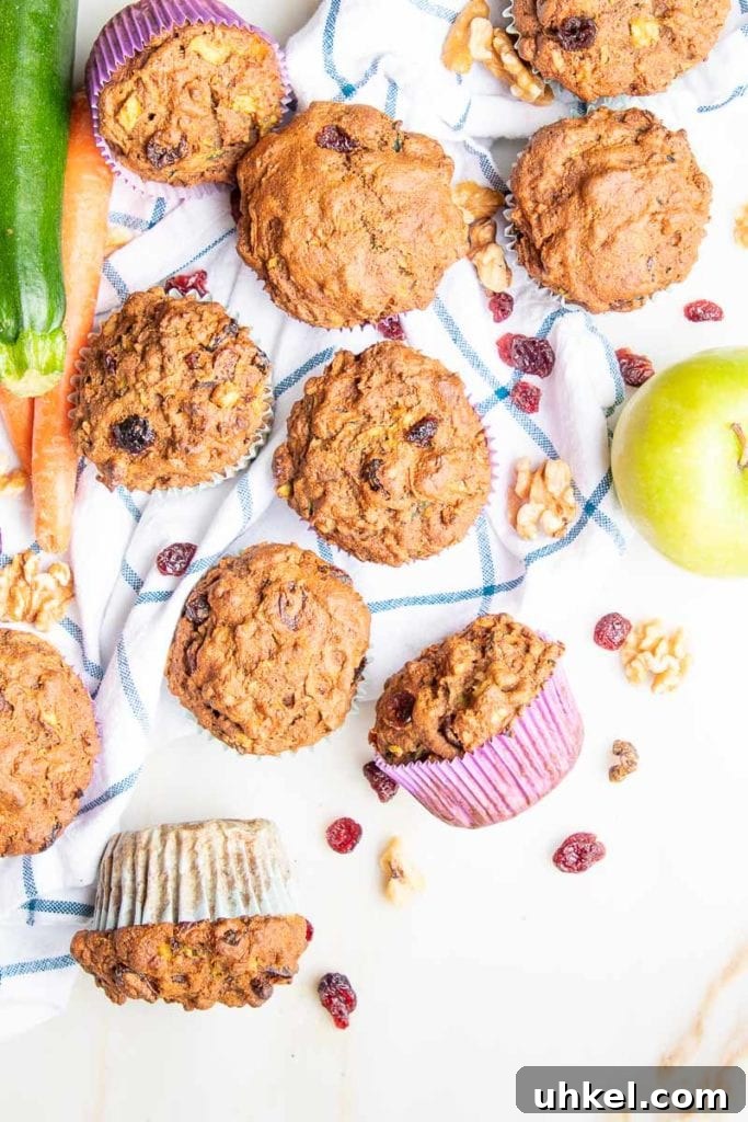 Morning Glory Muffins with Carrots, Apples & Nuts 2 Morning Glory Muffins, tumbled out onto a white dish towel with blue pattern, along with a zucchini, two carrots and a green apple. There are walnuts and dried cranberries strewn around.