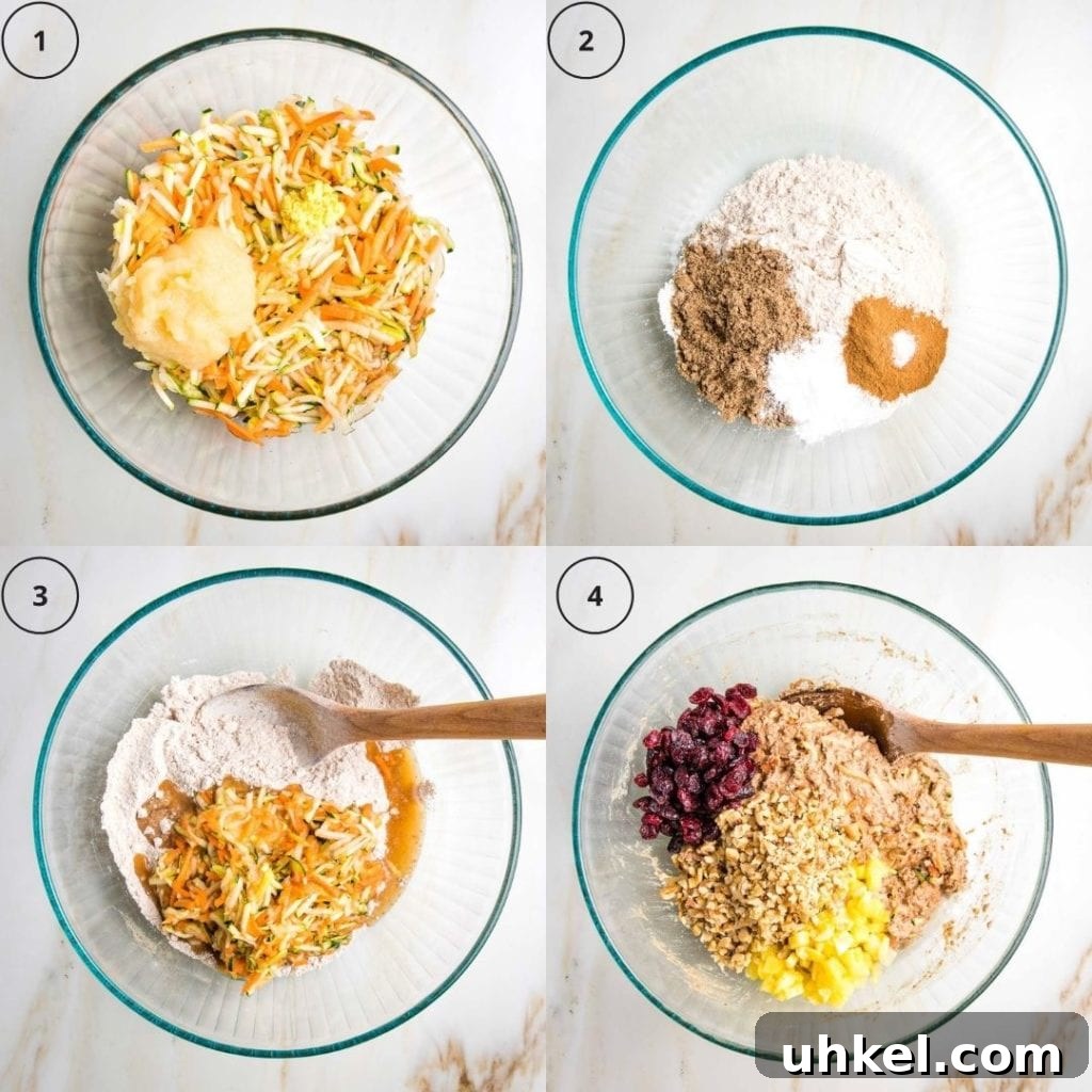Morning Glory Muffins with Carrots, Apples & Nuts 5 4 photos showing step by step making muffin batter. 1. Mixing wet ingredients together with shredded veggies. 2. Mixing dry ingredients together. 3. Combining the wet with the dry ingredients. 4. Gently stirring in dried cranberries, chopped walnuts and diced frozen pineapple.