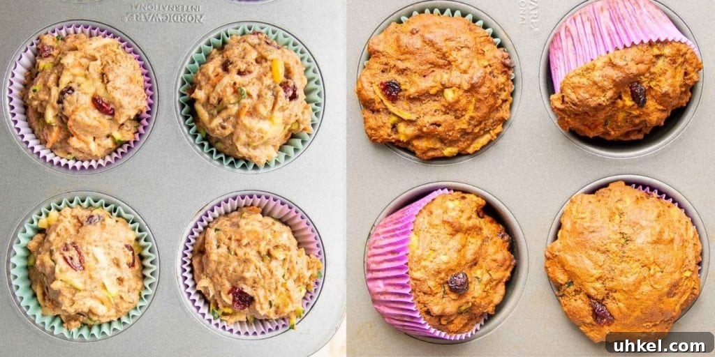Morning Glory Muffins with Carrots, Apples & Nuts 7 Morning glory muffins. Showing 4 muffins in tins before and after baking.