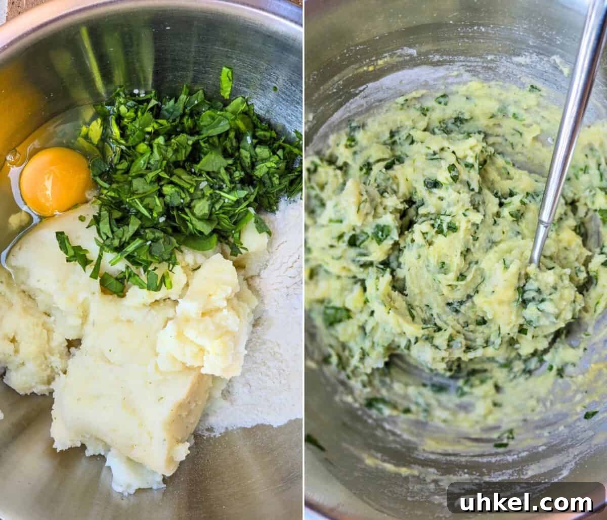 Crispy Garlic and Spinach Mashed Potato Cakes 4 collage of 2 photos: left, unmixed ingredients; right, mixed ingredients for form the batter