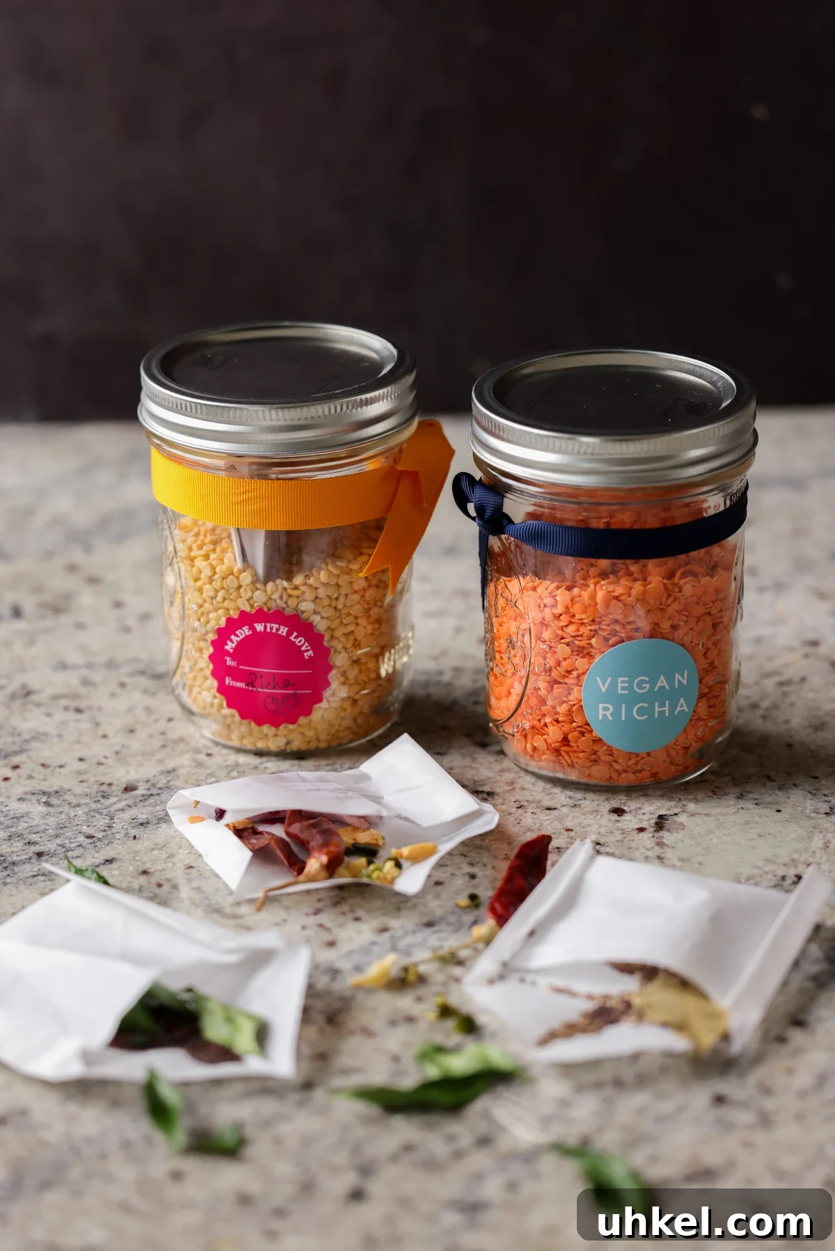 Homemade Dal Tadka Jar Mix: Indian Lentil Soup 2 open jars of lentil soup mix with open spice pouches