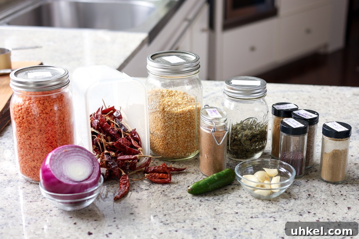 Homemade Dal Tadka Jar Mix: Indian Lentil Soup 8 dal in a jar ingredients on the counter