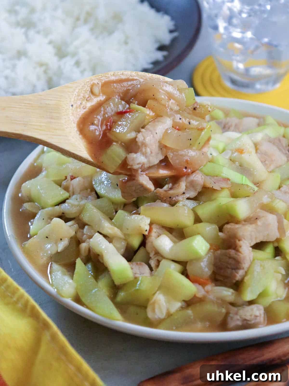 Ginisang Upo: Sauteed Bottle Gourd with Pork 5 Upo guisado in a white bowl