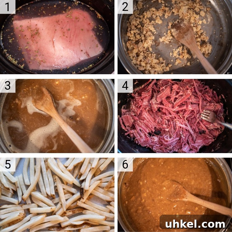 Corned Beef Poutine Topped with Guinness Gravy 4 process shots of corned beef poutine