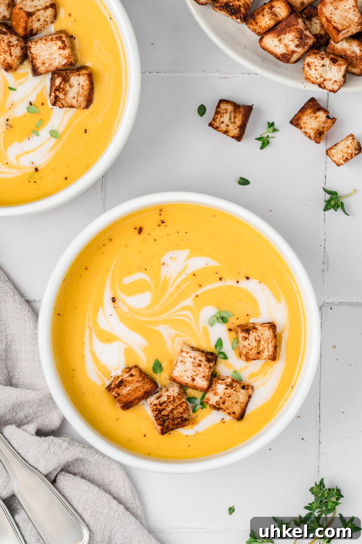 Roasted Butternut Squash and Apple Soup 2 A bowl of butternut squash soup with a coconut milk swirl and some croutons floating on the top.