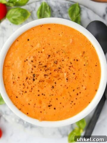 A bowl of cream tomato soup with cherry tomatoes and basil around the outside.