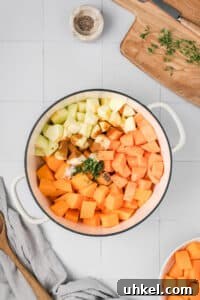 Roasted Butternut Squash and Apple Soup 16 A dutch oven filled with sweet potato and apple cubes.