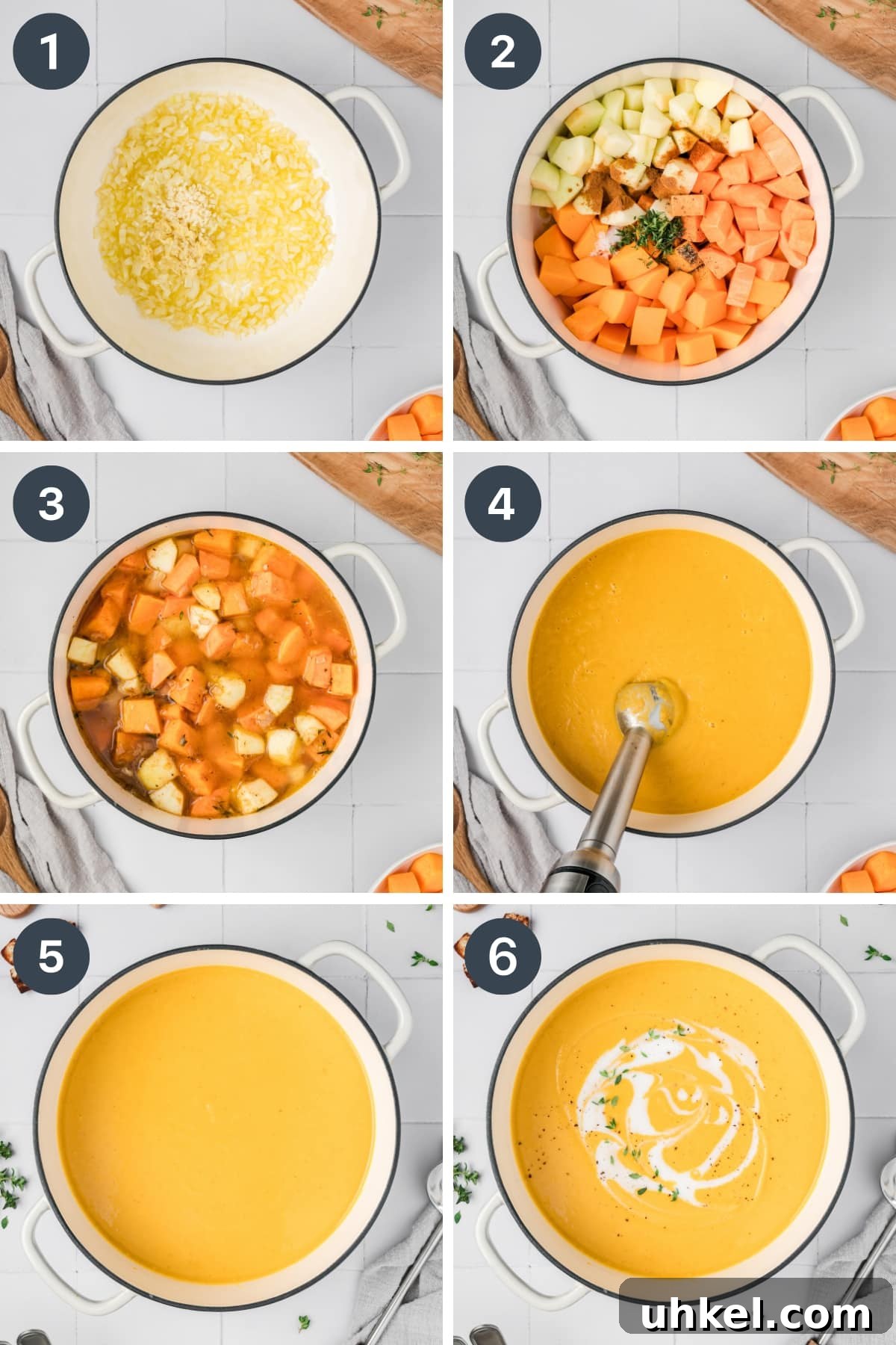 Roasted Butternut Squash and Apple Soup 4 Cooking butternut squash and apples in a dutch oven with broth.