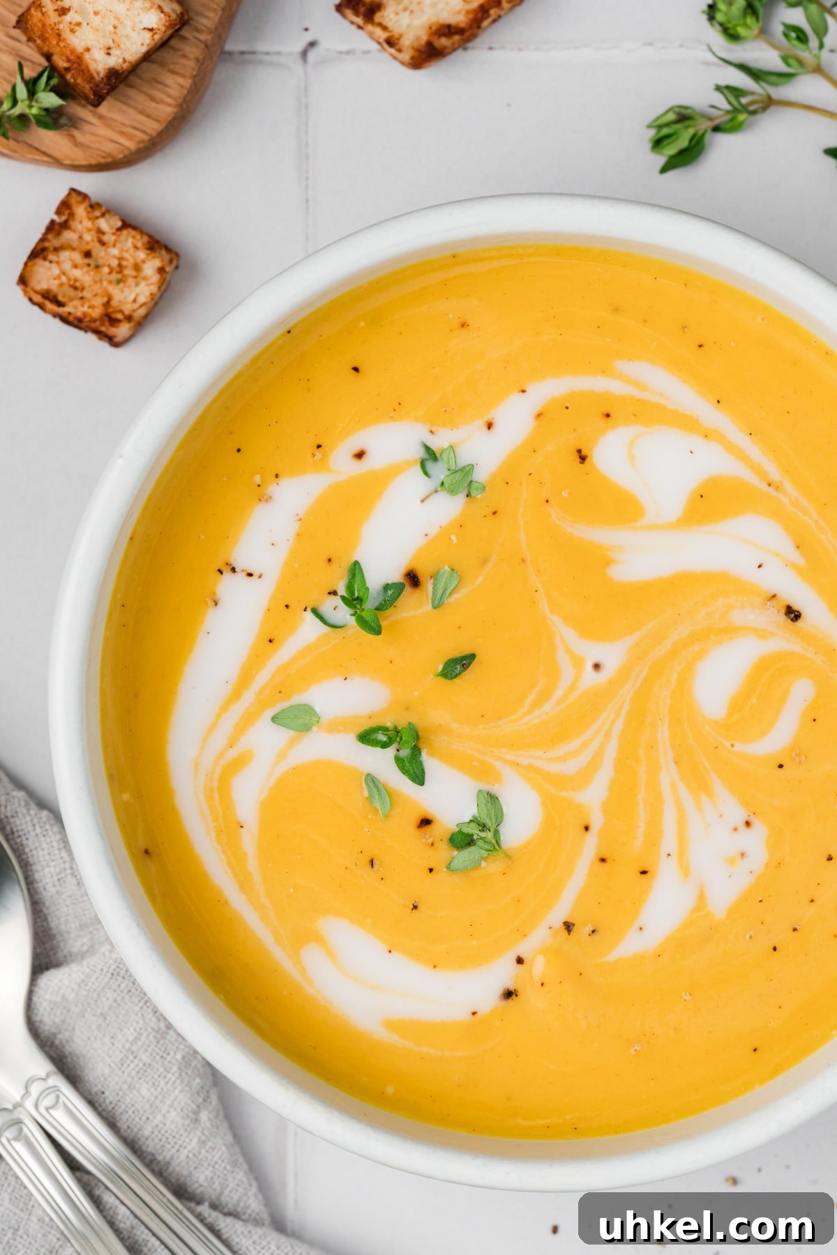 Roasted Butternut Squash and Apple Soup 9 A bowl of butternut squash soup with a swirl of coconut oil and fresh thyme.