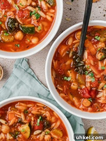 Bowls of soup with vegetables, orzo, and chickpeas.