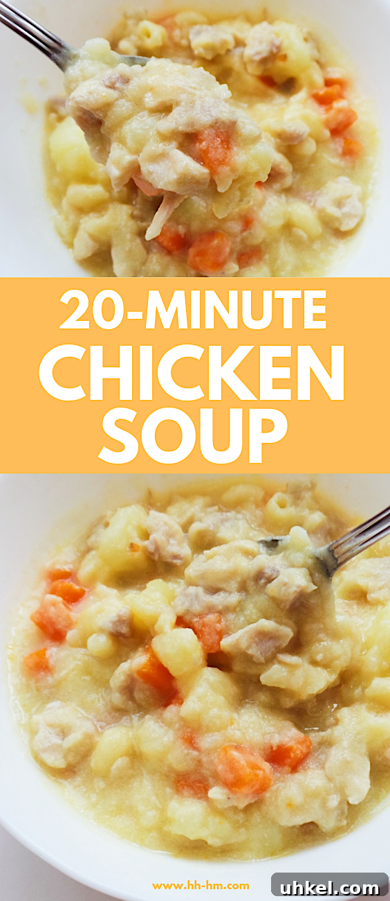 20-Minute Creamy Chicken Noodle Soup 7 Easy homemade chicken soup with noodles! This tasty thick chicken soup is loved by kids and grown-ups! 7 simple ingredients, one pot and and 20 minutes! Perfect for lunch or dinner.