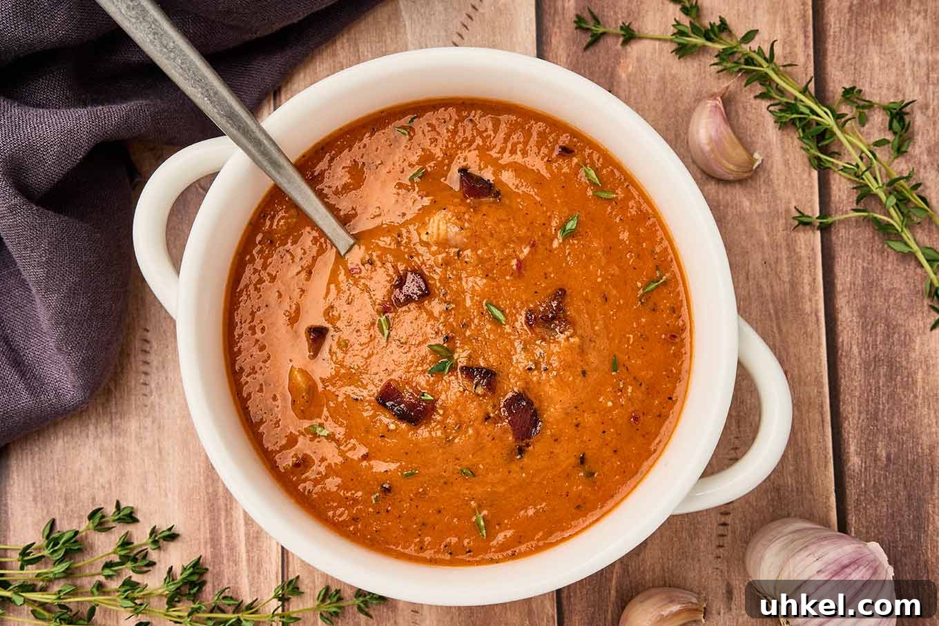 Smoky Fire-Roasted Tomato and Bacon Soup 9 Fire-roasted tomato and bacon soup in a white handled bowl with spoon, topped with crisp bacon and fresh thyme.