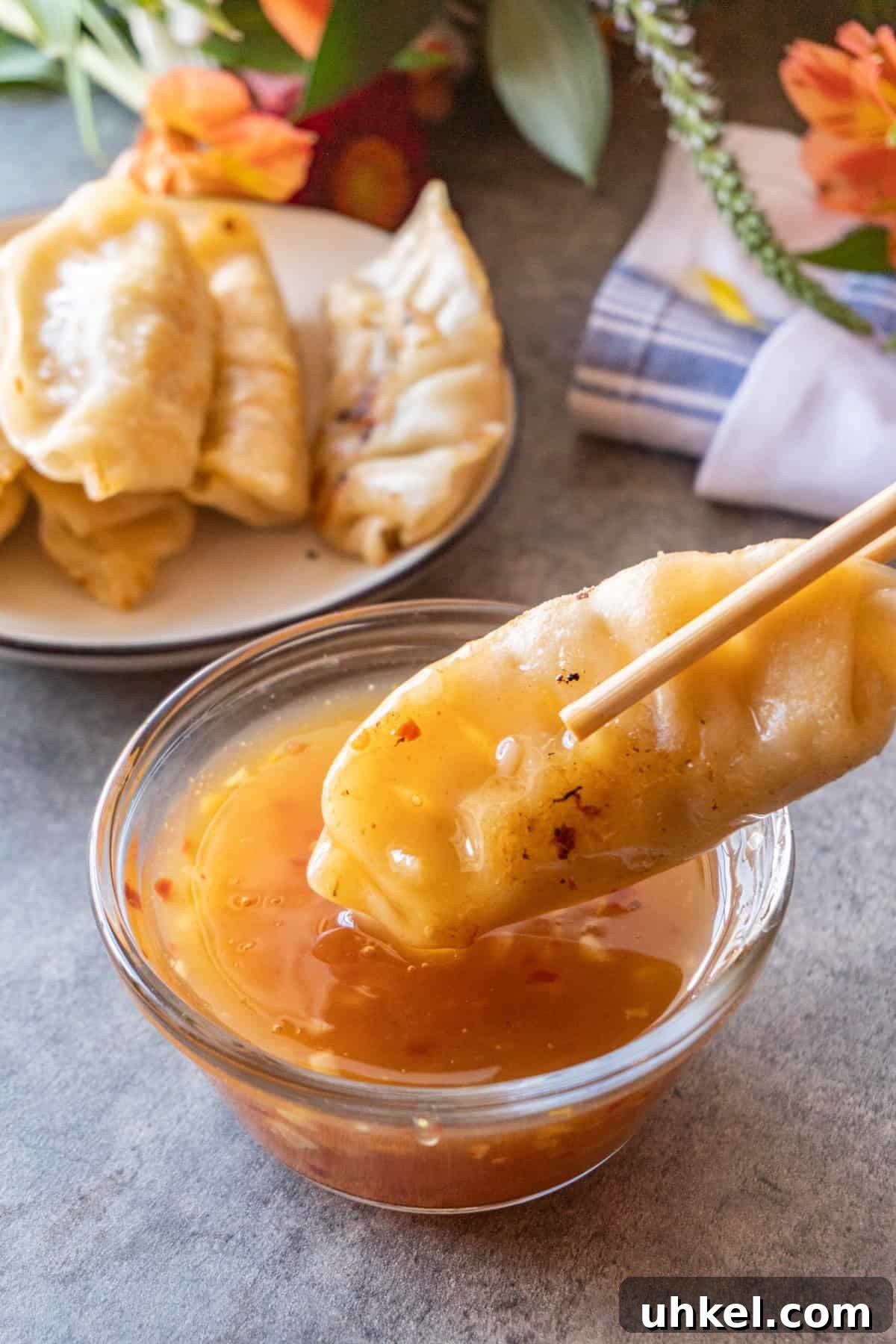 Classic Gyoza Dipping Sauce Recipe 2 gyoza dipped into sauce.