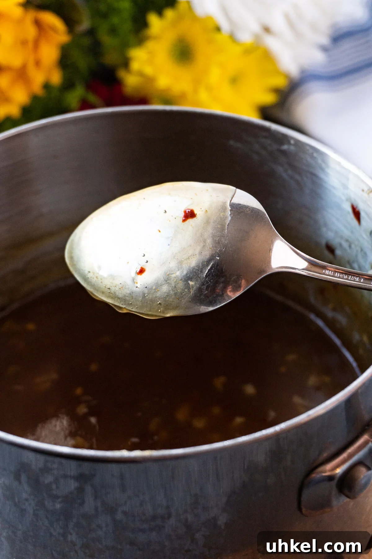 Classic Gyoza Dipping Sauce Recipe 6 gyoza dipping sauce on back of spoon.