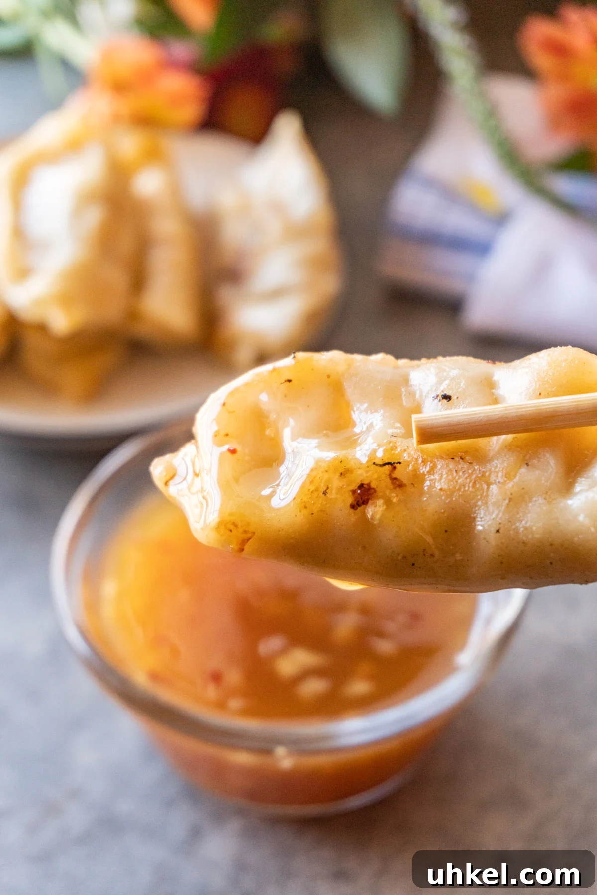 Classic Gyoza Dipping Sauce Recipe 7 potsticker held in chopsticks with sauce on top.