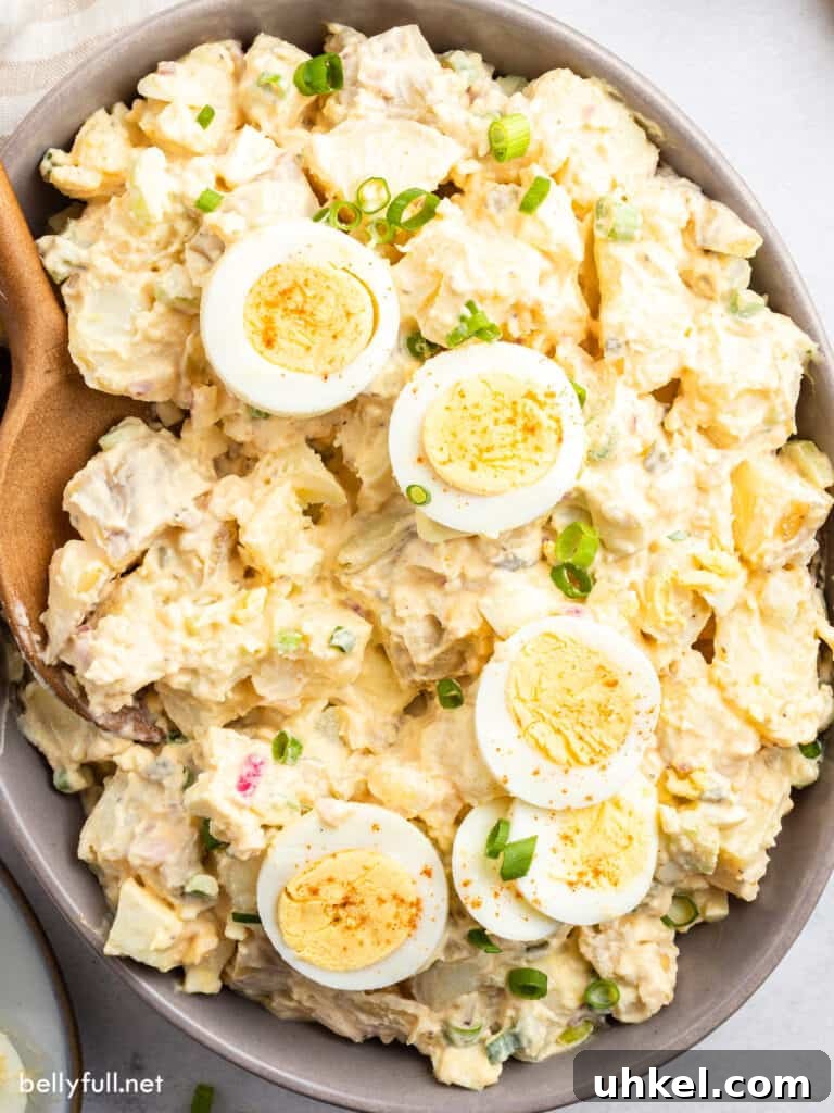 Creamy Classic Potato Salad Recipe 3 overhead potato salad with sliced hard boiled eggs