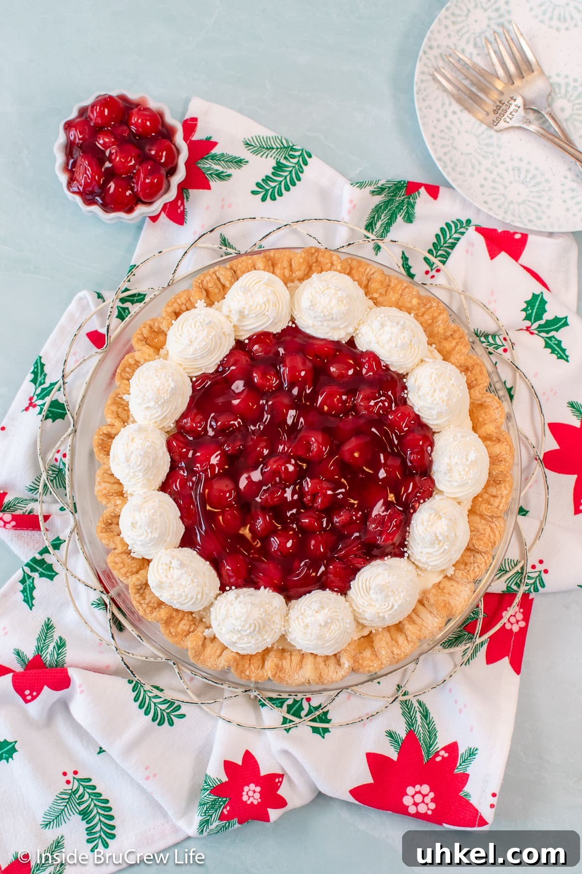 Classic Cherry Cream Cheese Pie Recipe 5 On overhead picture of a decorated cherry cheese pie.