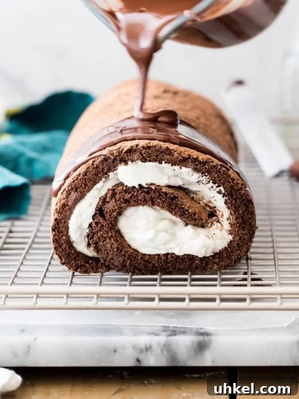 Classic Chocolate Chip Sheet Cake Recipe 10 Pouring chocolate over chocolate roulade